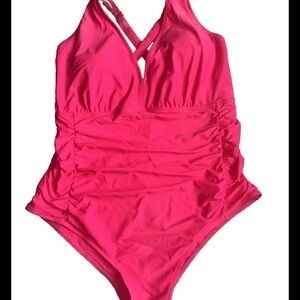 Aqua Eve 1-piece tummy coverage Swimsuit swimwear ruched pink plus size 20W NWT